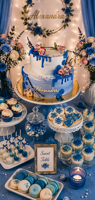 Drip Cake Blu con Eleganti Rose