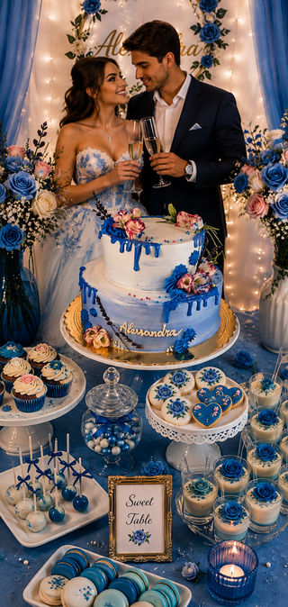 Drip Cake Blu con Eleganti Rose