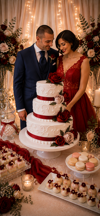 Torta Nuziale Red Velvet Romance – Wedding Cake con Rose Rosse e Cipria