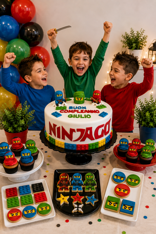 Torta Ninjago per Compleanno Bambini con Sweet Table a Tema