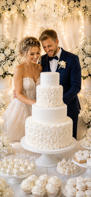 Torta Nuziale Elegance White – Wedding Cake Total White con Rose in Panna
