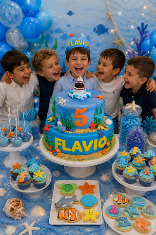Torta di Compleanno Tema Mare con Animali Marini e Sweet Table