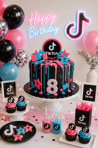 Torta TikTok per Compleanno con Drip Rosa e Azzurro e Sweet Table