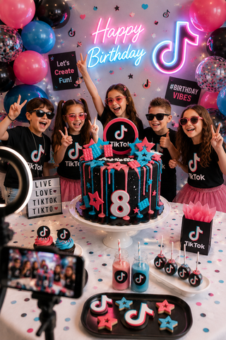 Torta TikTok per Compleanno con Drip Rosa e Azzurro e Sweet Table