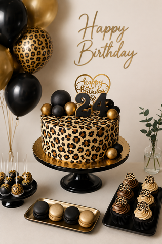 Torta di Compleanno Leopardata con Decorazioni Oro e Nere – Stile Glamour