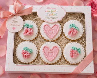 6 Biscotti decorati per eventi con cuore e rose