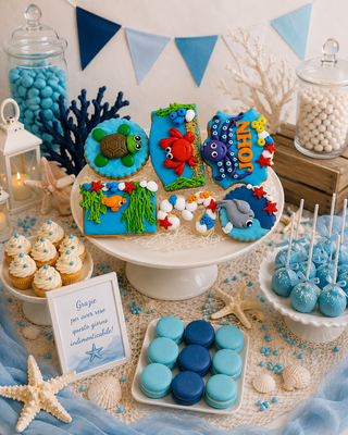 6 Biscotti decorati per compleanno a tema animali marini