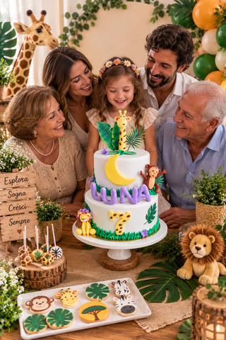 Torta di compleanno a tema animali della Savana Africana