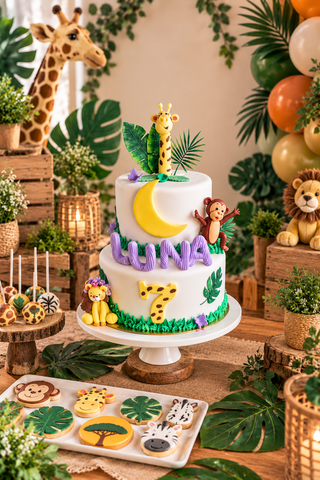 Torta di compleanno a tema animali della Savana Africana