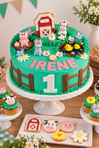 Torta primo compleanno a tema animali della fattoria
